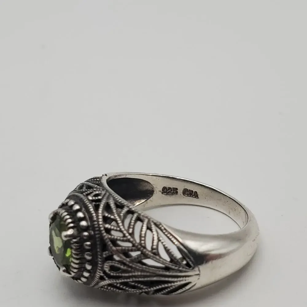 Vintage Designer 925 Sterling Silver Peridot Filigree Deco Band Ring Size 6